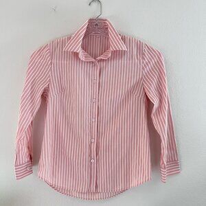 Pink & White Pinstripe Collared Button Up Shirt Women M Wrinkle Resistant Casual